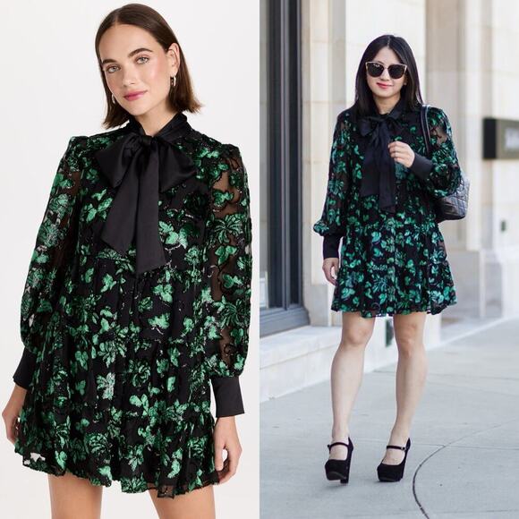 Alice + Olivia Rowen Bow Neck Blouson Sleeve Tiered Dress Green/Black Small - Picture 1 of 11